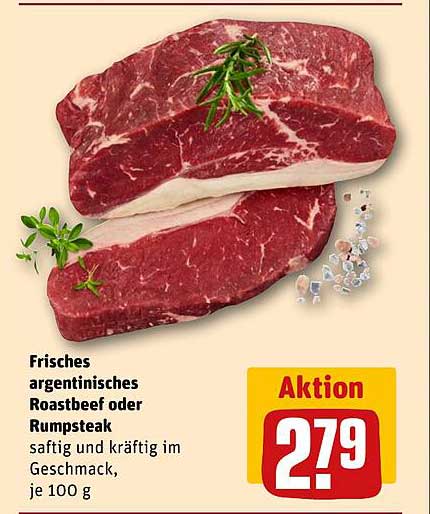 Frisches argentinisches Roastbeef oder Rumpsteak, saftig und kräftig im Geschmack, je 100 g