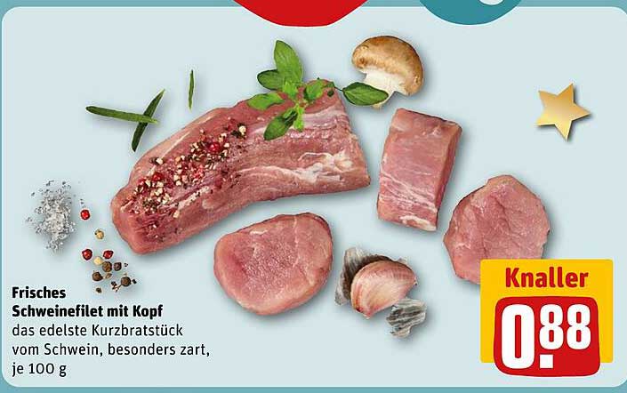 Frisches Schweinefilet mit Kopf, das edelste Kurzbratstück vom Schwein, besonders zart, je 100 g
