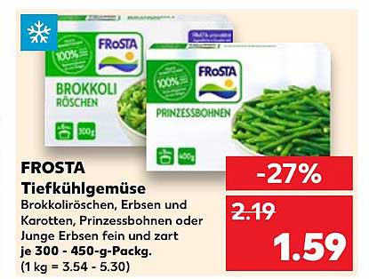 FROSTA Tiefkühlgemüse Brokkoliröschen, Erbsen und Karotten, Prinzessbohnen oder Junge Erbsen 450-g-Pack