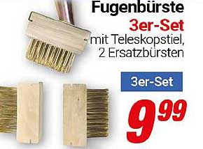 Fugenbürste 3er-Set mit Teleskopstiel, 2 Ersatzbürsten
