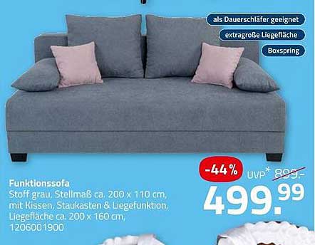 Funktionsofa - Stoff grau, Stellmaß ca. 200 x 110 cm, mit Kissen, Staukasten & Liegefunktion, Liegefläche ca. 200 x 160 cm