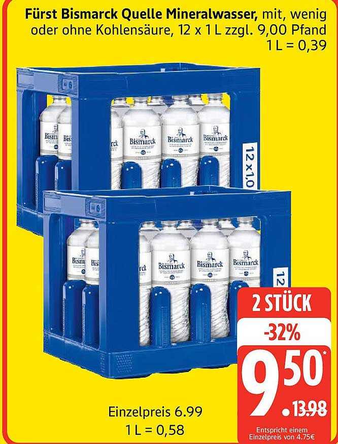 Fürst Bismarck Quelle Mineralwasser, 12 x 1 L, mit oder ohne Kohlensäure