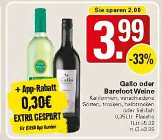 Gallo oder Barefoot Weine – 0,75L Flasche