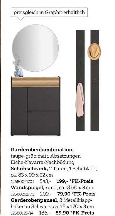 Garderoobenkombination in taupe-grün matt mit Eiche-Navarra-Nachbildung
