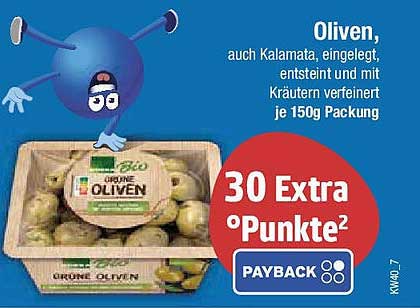 Grüne Oliven, auch Kalamata, eingelegt, entsteint und mit Kräutern verfeinert, je 150g Packung
