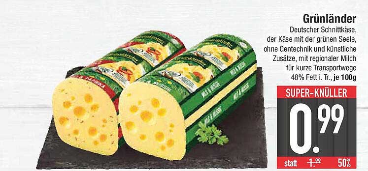 Grünländer Schnitkäse, 48% Fett i. Tr., je 100g