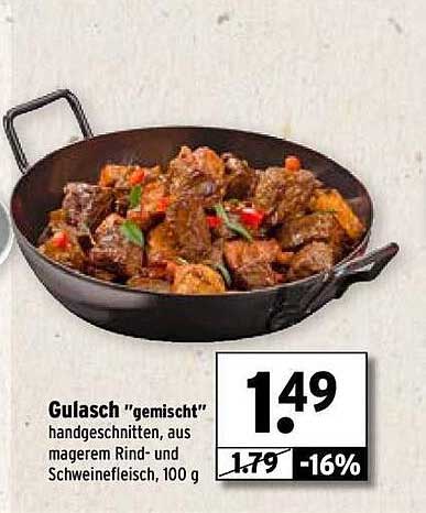 Gulasch 'gemischt' handgeschnitten, aus magerem Rind- und Schweinefleisch, 100 g