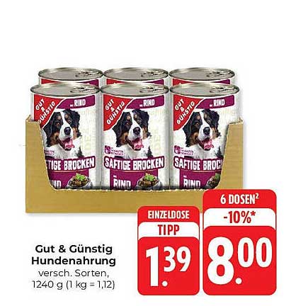 Gut & Günstig Hundenahrung Rind, 6 Dosen