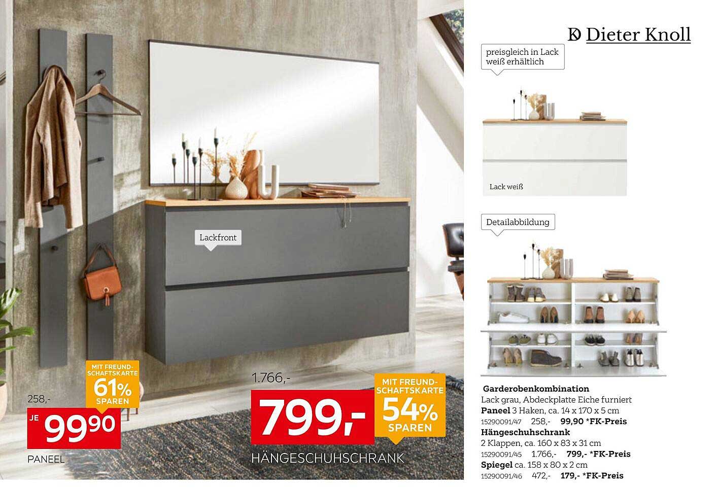 Hängeschuhschrank in Lack grau - mit Abdeckplatte Eiche furniert
