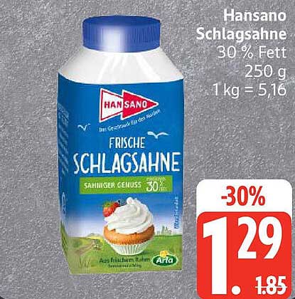 Hansano Frische Schlagsahne 250 g - 30 % Fett
