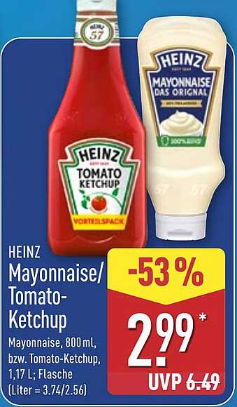 HEINZ Mayonnaise/Tomato-Ketchup, 800ml, bzw. Tomato-Ketchup, 1,17 L, Flasche