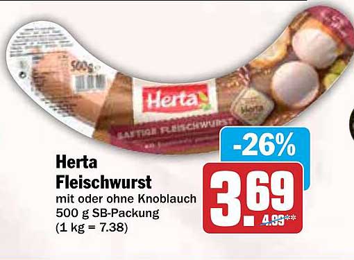 Herta Fleischwurst mit oder ohne Knoblauch 500 g SB-Packung