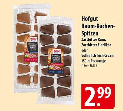 Hofgut Baum-Kuchen-Spitzen Zartbitter Rum, Zartbitter Eierlikör oder Vollmilch Irish Cream 150-g-Packung