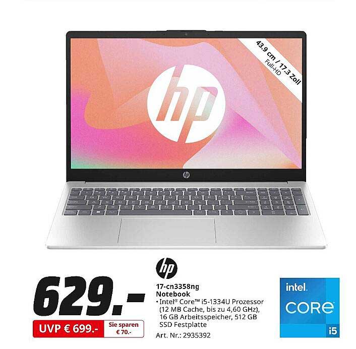 HP 17-cn3358ng Notebook - Intel Core i5, 16 GB RAM, 512 GB SSD