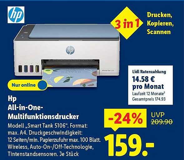 Hp All-in-One-Multifunktionsdrucker Modell „Smart Tank 5106“