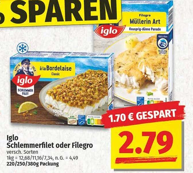Iglo Schlemmerfilet oder Filegro verschiedene Sorten, 220/250/380g Packung