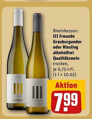 III Freunde Grauburgunder oder Riesling alkoholfrei Qualitätswein trocken, je 0,75-l-Fl.