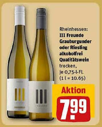 III Freunde Grauburgunder oder Riesling alkoholfrei Qualitätswein trocken