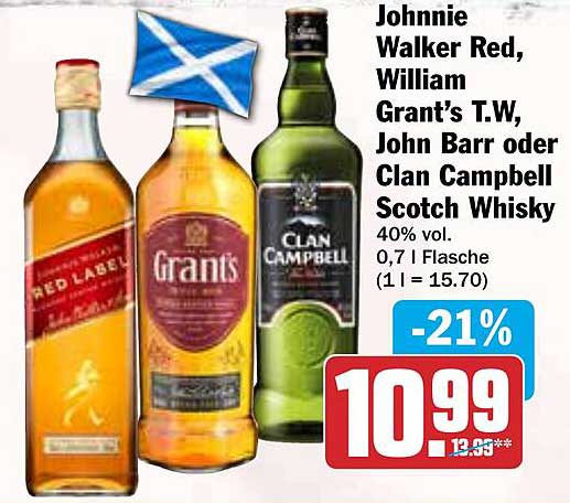 Johnnie Walker Red, William Grant’s T.W, John Barr oder Clan Campbell Scotch Whisky 0,7 l