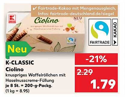 K-CLASSIC Ciolino knusprige Waffelrollen mit Haselnusscreme-Füllung 200 g-Packung