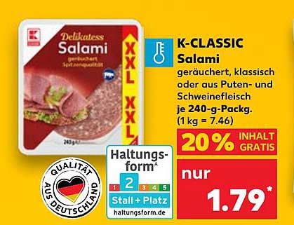 K-CLASSIC Delikatess Salami geräuchert, klassisch oder aus Puten- und Schweinefleisch 240-g-Packung