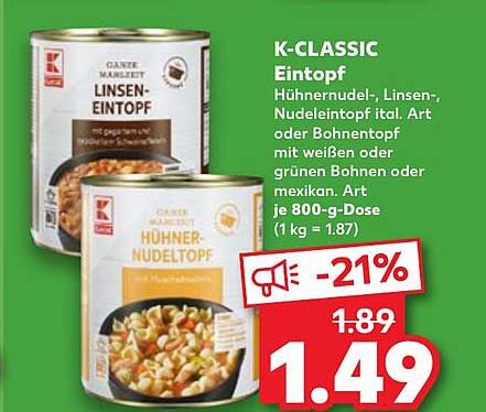 K-CLASSIC Einteopf – Hühnerrudel-, Linsen-, Nudel- oder Bohnenintopf