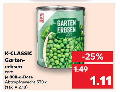 K-CLASSIC Garten-Erbsen zart je 800-g-Dose