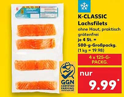 K-CLASSIC Lachsfilets ohne Haut, praktisch grätenfrei – 4 x 125 g