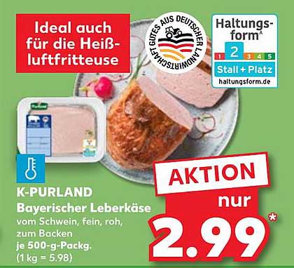 K-PURLAND Bayerischer Leberkäse 500-g-Packung für nur 2,99 €