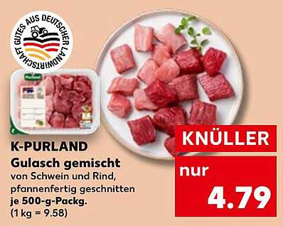 K-PURLAND Gulasch gemischt von Schwein und Rind, pfannenfertig geschnitten