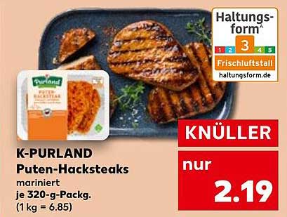 K-PURLAND Puten-Hacksteaks mariniert je 320-g-Pack.