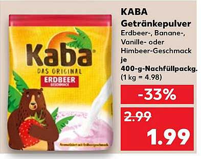 KABA Getränkepulver Erdbeer, Banane, Vanille- oder Himbeergeschmack 400-g-Nachfüllpack