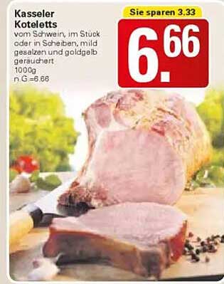 Kasseler Kotelettes vom Schwein, im Stück oder in Scheiben, mild gesalzen und goldgelb geräuchert