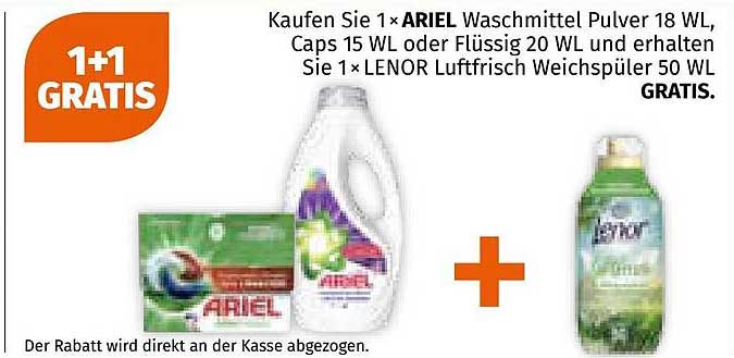 Kaufen Sie 1× ARIEL Waschmittel und erhalten Sie 1× LENOR Luftfrisch Weichspüler GRATIS