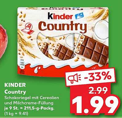 KINDER Country Schokoriegel mit Cerialien und Milchcreme-Füllung