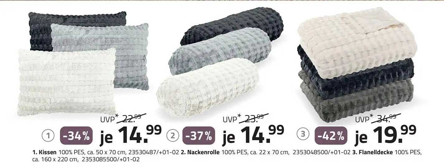 Kissen, Nackenrolle und Flanelldecke im ROLLER-Prospekt