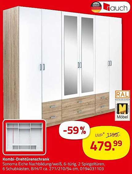 Kombi-Drehtürenschrank Sonoma Eiche Nachbildung/weiß, 6-türig, 2 Spiegeltüren, 6 Schubkästen
