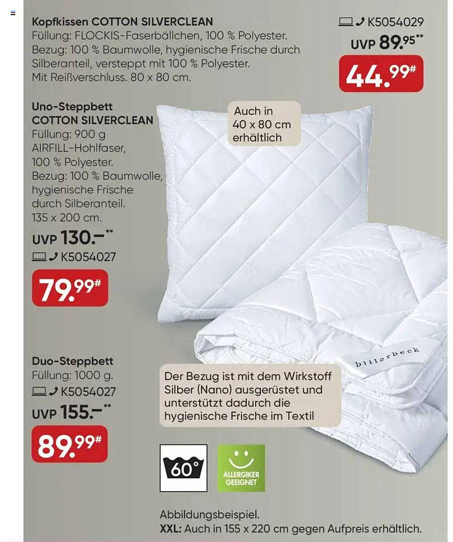 Kopfkissen und Uno-Steppbett aus der COTTON SILVERCLEAN Kollektion