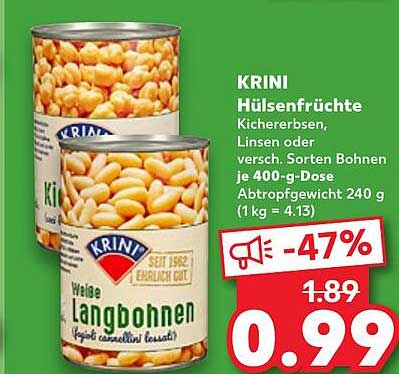KRINI Hülsenfrüchte Kichererbsen, Linsen oder verschiedene Sorten Bohnen je 400-g-Dose