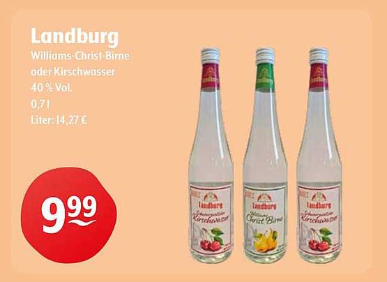 Landburg Williams-Christ-Birne oder Kirschwasser 40 % Vol. 0,71 l für 9,99 €