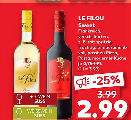 LE FILOU Sweet Rotwein oder Weißwein, 0,75 l