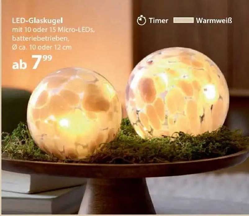 LED-Glaskugel mit 10 oder 15 Micro-LEDs, batteriebetrieben