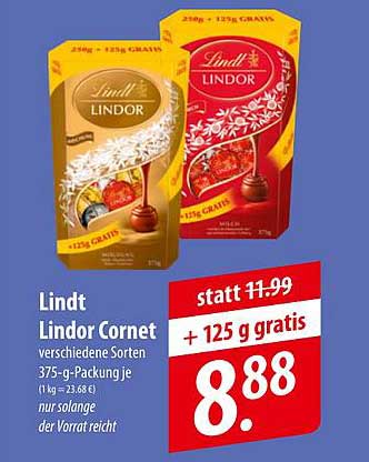 Lindt Lindor Cornet - verschiedene Sorten 375-g-Packung je + 125 g gratis