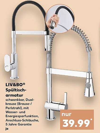 LIV&BO® Spültischarmatur schwenkbar, Dualbrause (Brause-/Perlstrahl), mit Wasser- und Energiesparfunktion, Anschluss-Schläuche, 5 Jahre Garantie je