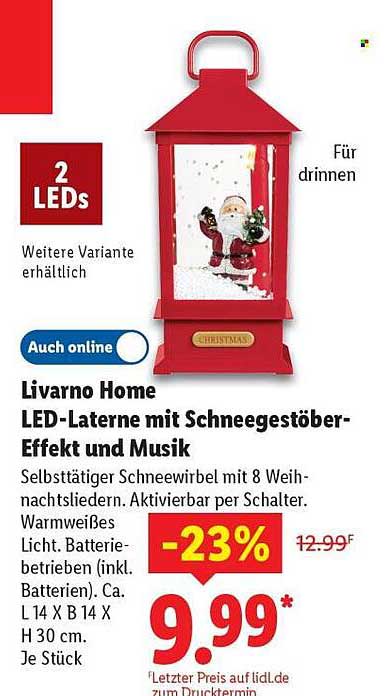 Livorno Home LED-Laterne mit Schneegestöber-Effekt und Musik