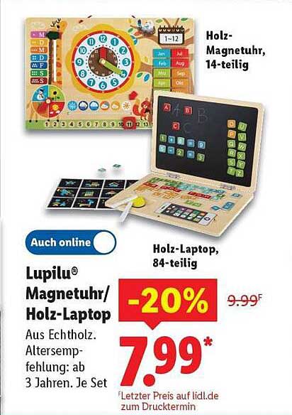Lupilu® Magnetuhr/ Holz-Laptop, 84-teilig