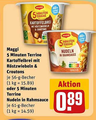 Maggi 5 Minuten Terrine Kartoffelbrei mit Röstzwiebeln & Croutons oder 5 Minuten Terrine Nudeln in Rahmsauce