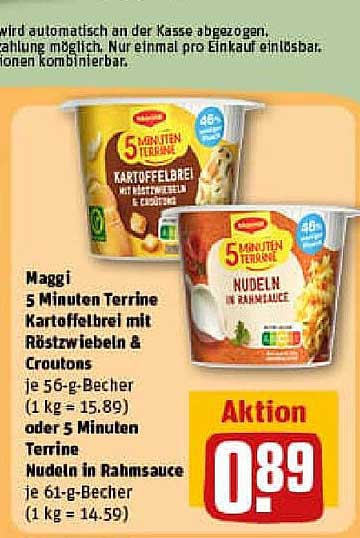 Maggi 5 Minuten Terrine Kartoffelbrei mit Röstzwiebeln & Croutons oder Nudeln in Rahmsauce
