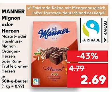 MANNER Mignon oder Herzen Mozart- oder Haselnuss-Mignon, Orangen-Herzen oder Rum-Trüffelcreme-Herzen je 300-g-Beutel