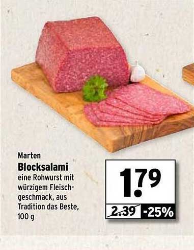 Marten Blocksalami, eine Rohwurst mit würzigem Fleischgeschmack, aus Tradition das Beste, 100 g